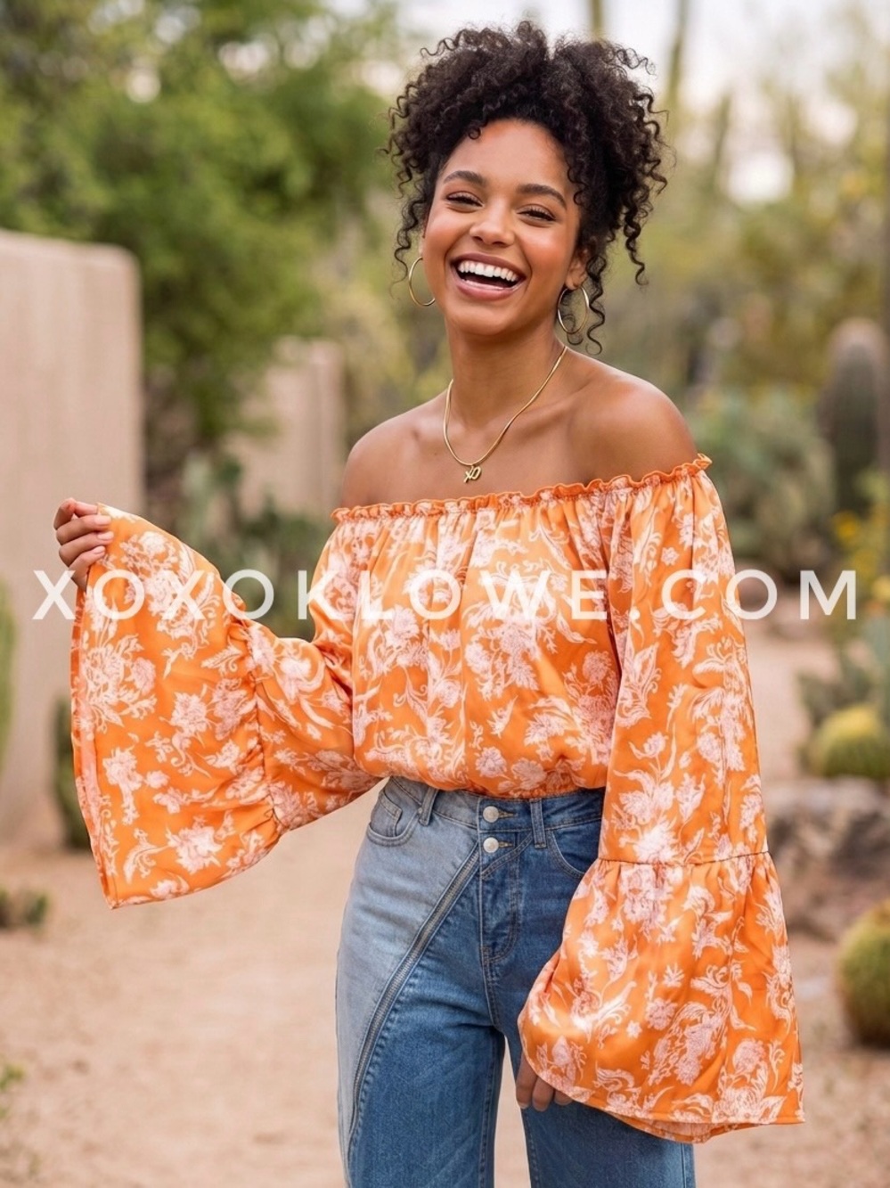 Peach Love Orange Floral Satin Crop Top | Off Shoulder Bubble Bell Sleeve
